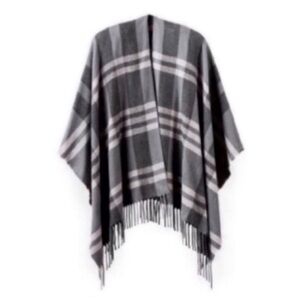 Ethical Gray Plaid Poncho Wrap Fringe